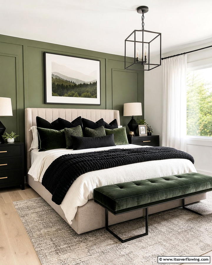 Black and Green Throw Pillows for Layering - 20 Black and Green Bedroom Design Ideas for a Bold Look