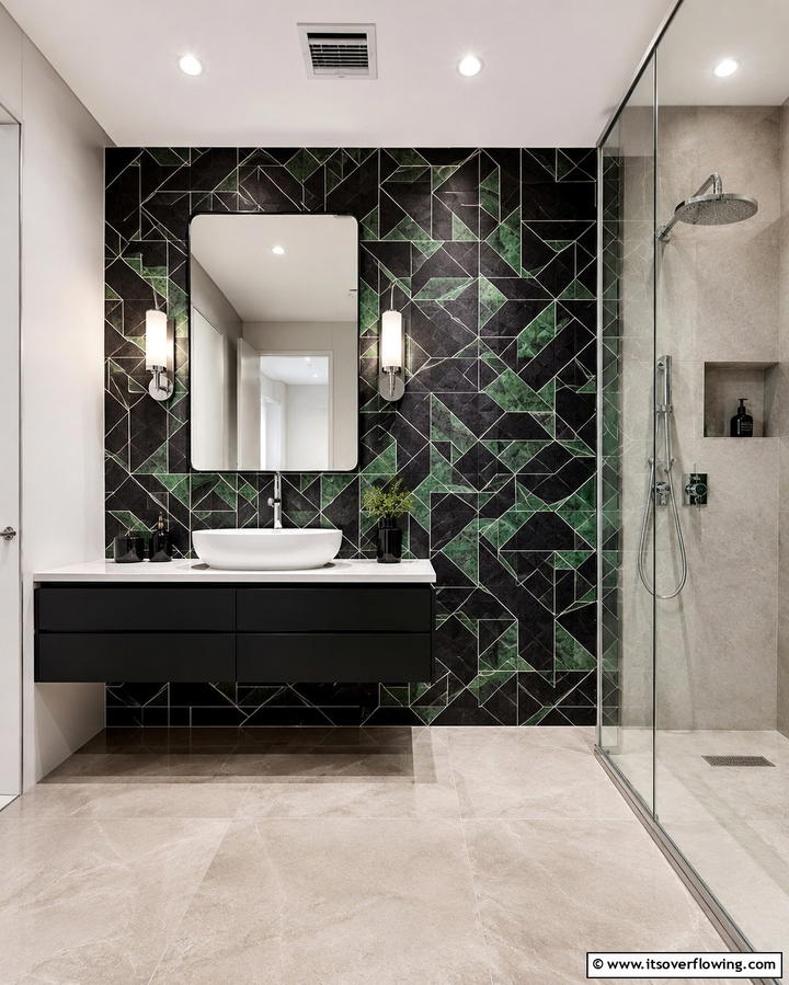 Black and Green Tile Accent Wall - 25 Black and Green Bathroom Ideas for Bold Style