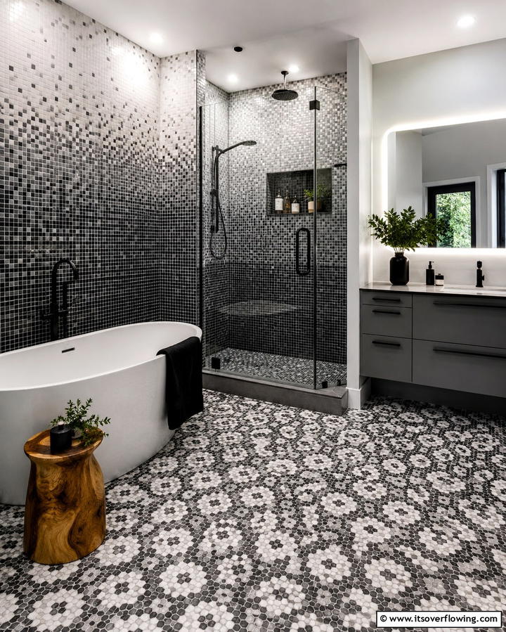 Black and Grey Mosaic Tiles - 25 Black and Grey Bathroom Ideas for a Sleek Design