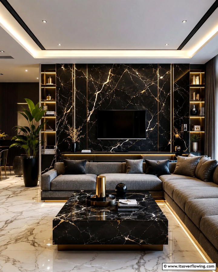 Black and Marble Combination - 30 Bold Black Living Room Designs for Dramatic Modern Spaces