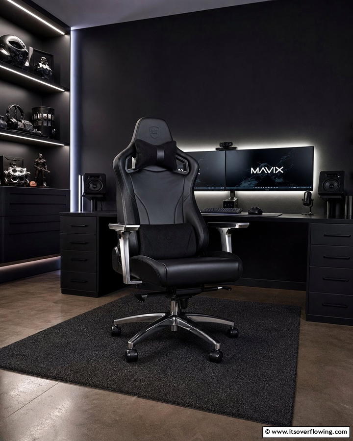 Black and Metallic Gaming Chair - 25 Sleek Black Gaming Room Ideas for Gamers