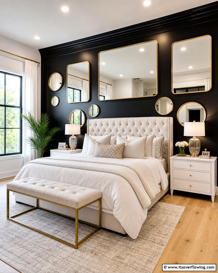 Black and Mirror Combination - 25 Black Accent Wall Bedroom Ideas for Drama