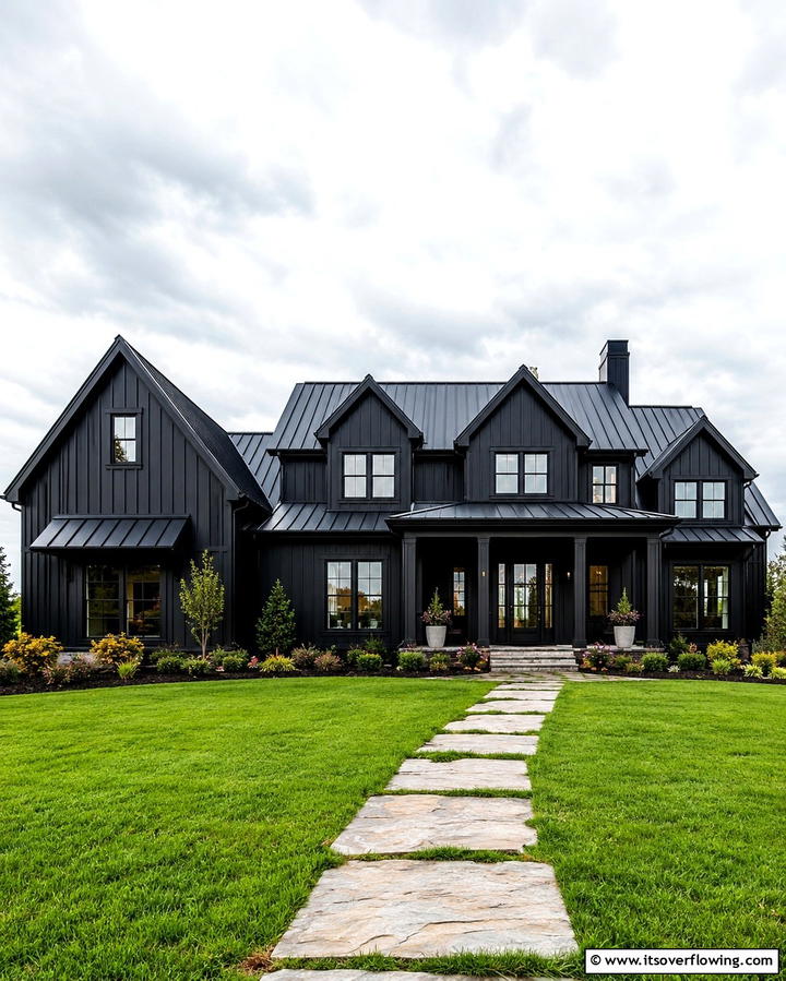 Black and Natural Stone Blend - 25 Black Modern Farmhouse Exterior Design Ideas
