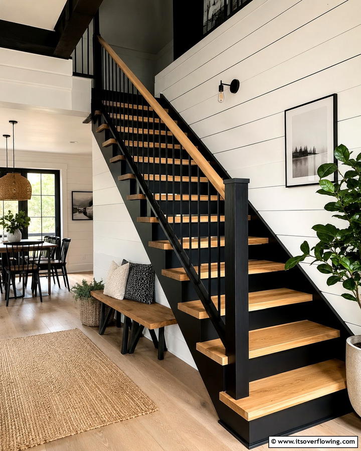 Black and Natural Wood Combination Staircase - 25 Black Staircase Ideas for Modern Homes