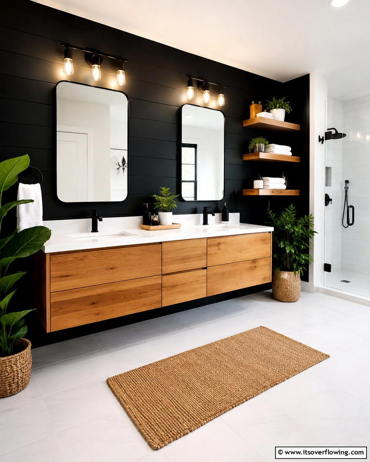 Black and Natural Wood Combination - 25 Black Bathroom Ideas to Elevate Your Space
