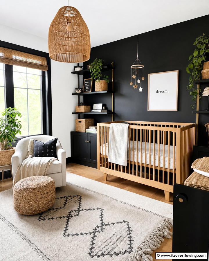 Black and Natural Wood Elements - 25 Black Nursery Ideas for Modern Baby Rooms