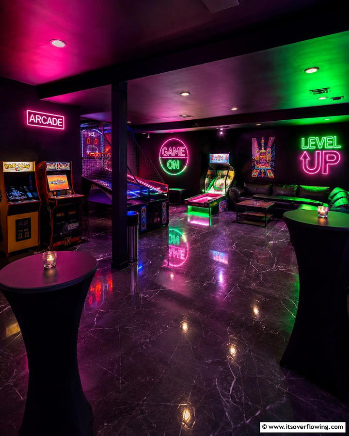 Black and Neon Elements - 30 Black Basement Design Ideas for a Modern & Cozy Space