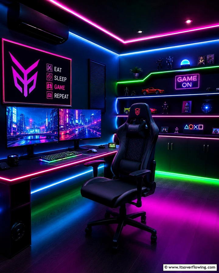 Black and Neon Gaming Setup - 25 Sleek Black Gaming Room Ideas for Gamers