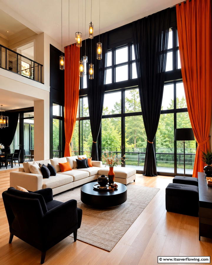 Black and Orange Drapes - 25 Black and Orange Living Room Ideas for a Bold Statement