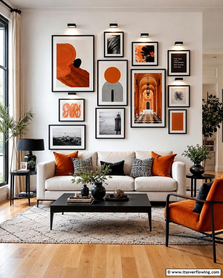 Black and Orange Gallery Wall - 25 Black and Orange Living Room Ideas for a Bold Statement