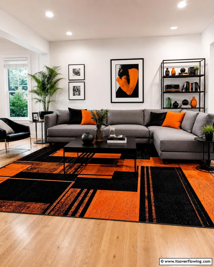 Black and Orange Patterned Rug - 25 Black and Orange Living Room Ideas for a Bold Statement