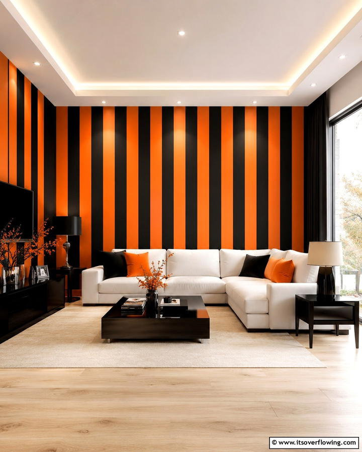 Black and Orange Striped Wallpaper - 25 Black and Orange Living Room Ideas for a Bold Statement