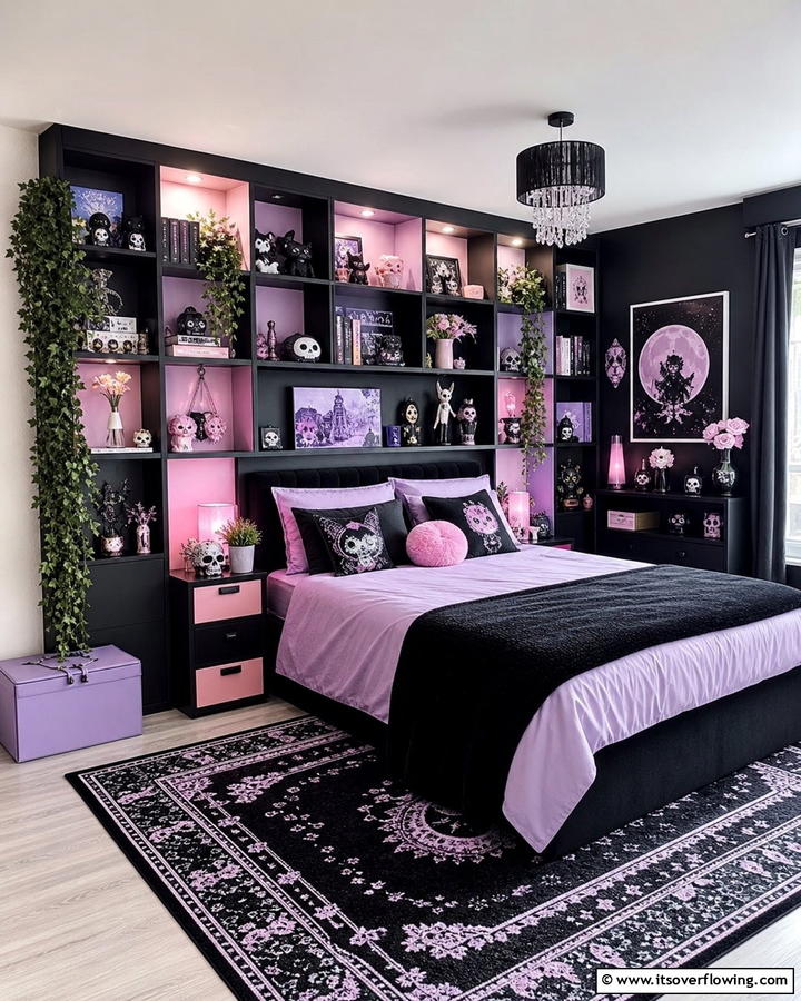 Black and Pastel Shelving - 20 Pastel Goth Bedroom Ideas for a Unique Aesthetic