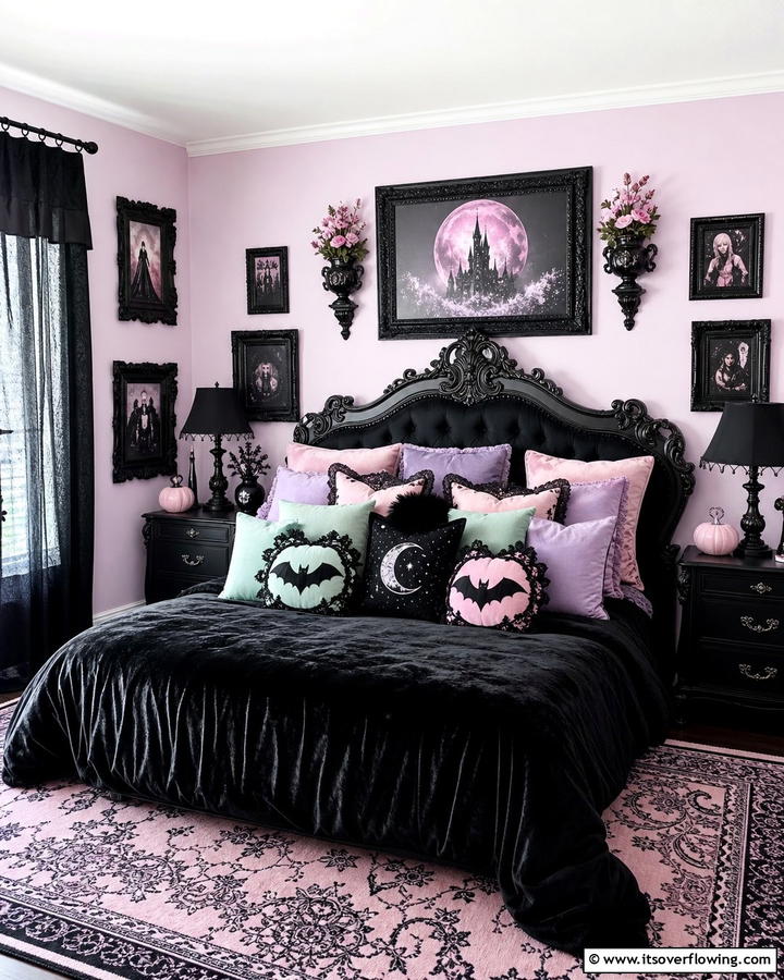 Black and Pastel Throw Pillows - 20 Pastel Goth Bedroom Ideas for a Unique Aesthetic