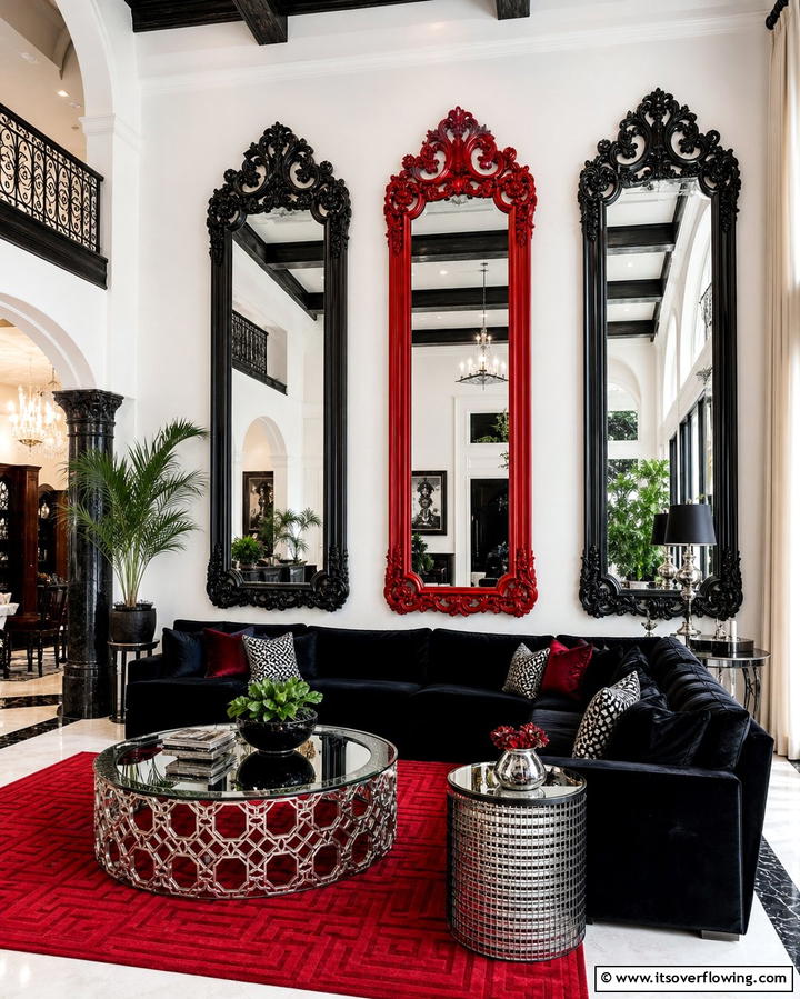 Black and Red Decorative Mirrors - 25 Black and Red Living Room Ideas for a Dramatic Look