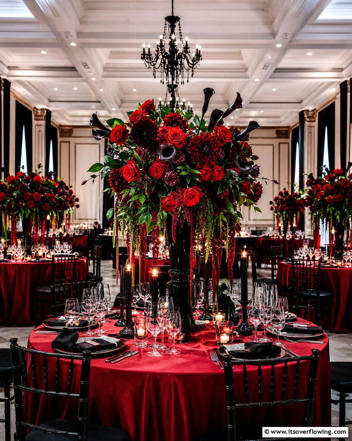 Black and Red Floral Arrangements - 17 Red and Black Wedding Ideas for Dramatic Nuptials