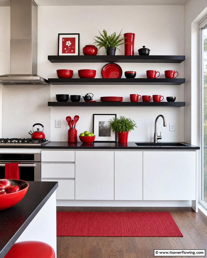 Black and Red Open Shelving - 25 Red and Black Kitchen Ideas for a Bold Look