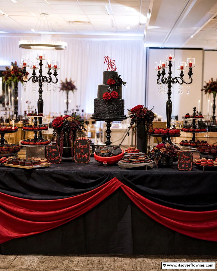 Black and Red Wedding Dessert Table - 17 Red and Black Wedding Ideas for Dramatic Nuptials