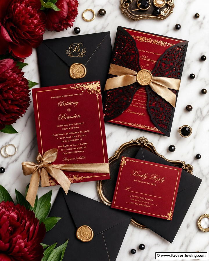 Black and Red Wedding Invitations with Gold Accents - 17 Red and Black Wedding Ideas for Dramatic Nuptials