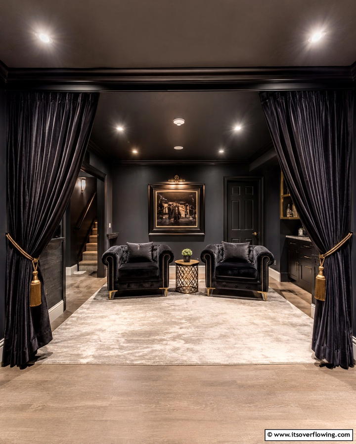 Black and Velvet Textures - 30 Black Basement Design Ideas for a Modern & Cozy Space