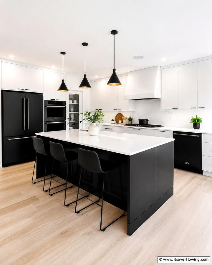 Black and White Appliances - 20 White Kitchen Ideas With Black Island for Contrast