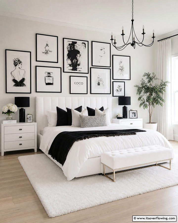 Black and White Art Gallery Wall - 20 Feminine Black and White Bedroom Ideas for Elegance