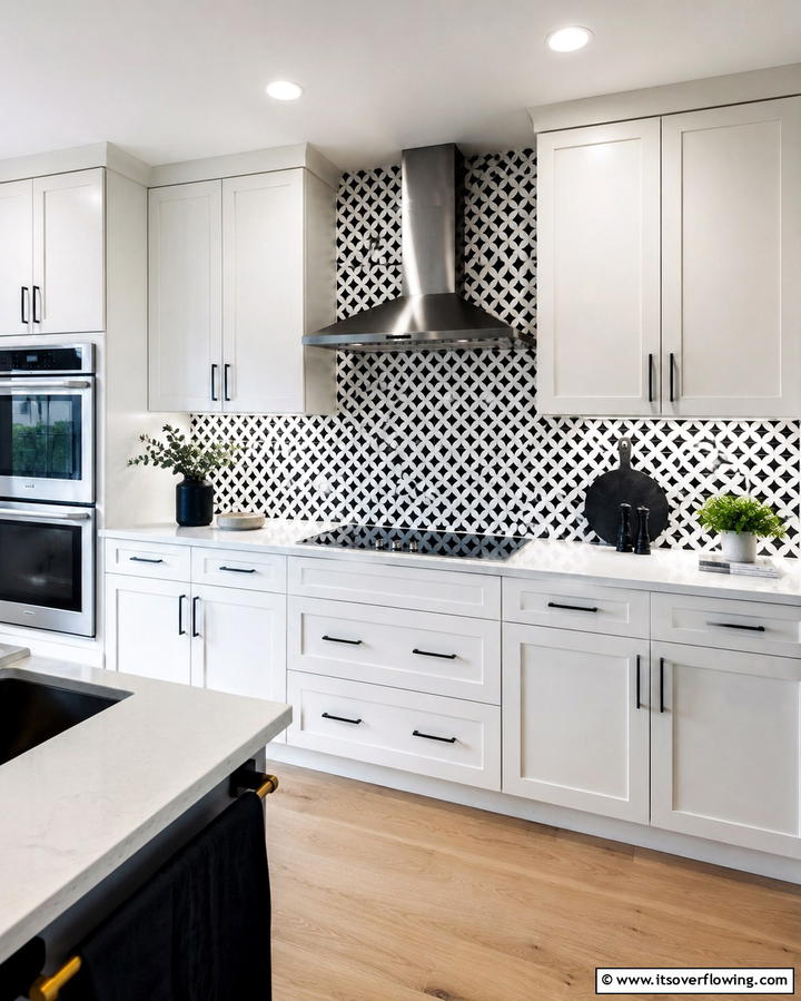 Black and White Backsplash for Added Dimension - 30 White Kitchen Designs with Bold Black Appliances