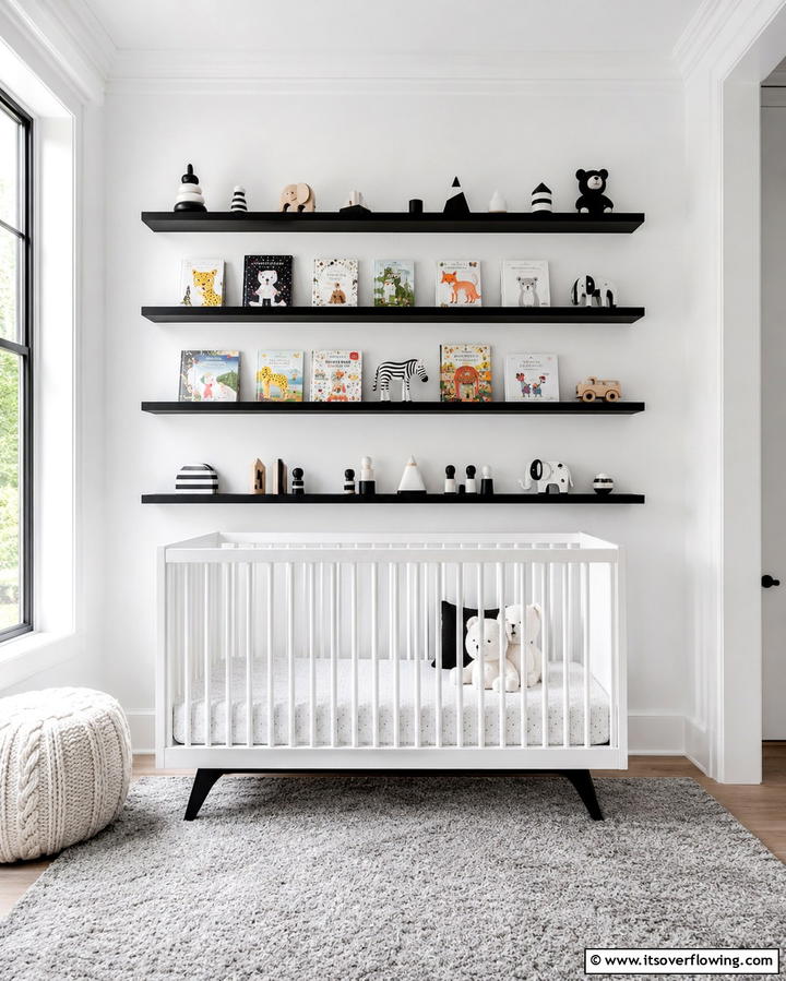 Black and White Bookshelves - 30 Chic Black & White Nursery Ideas for Modern Baby Rooms