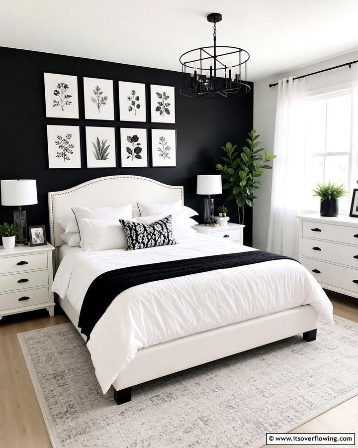 Black and White Botanical Prints - 20 Feminine Black and White Bedroom Ideas for Elegance