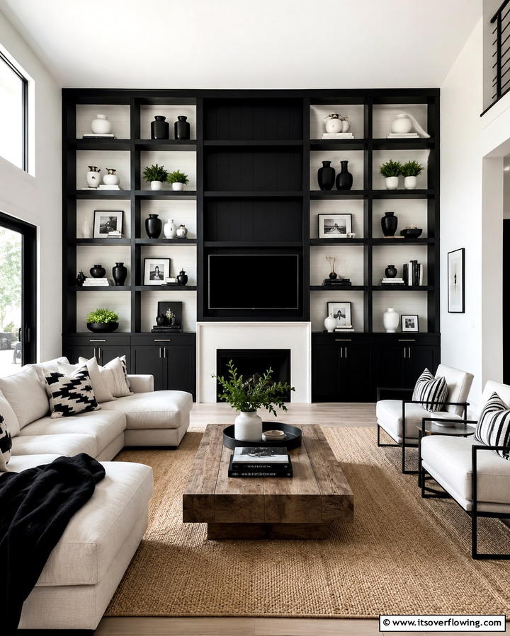 Black and White Built In Shelving - 25 Black and White Living Room Ideas for a Classic Look