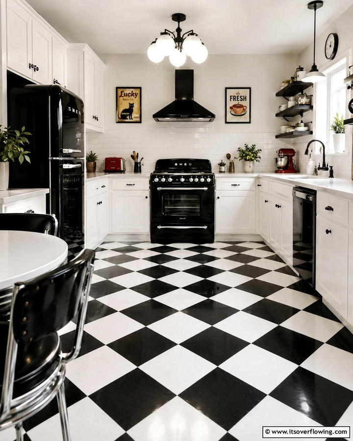 Black and White Checkered Flooring - 30 White Kitchen Designs with Bold Black Appliances