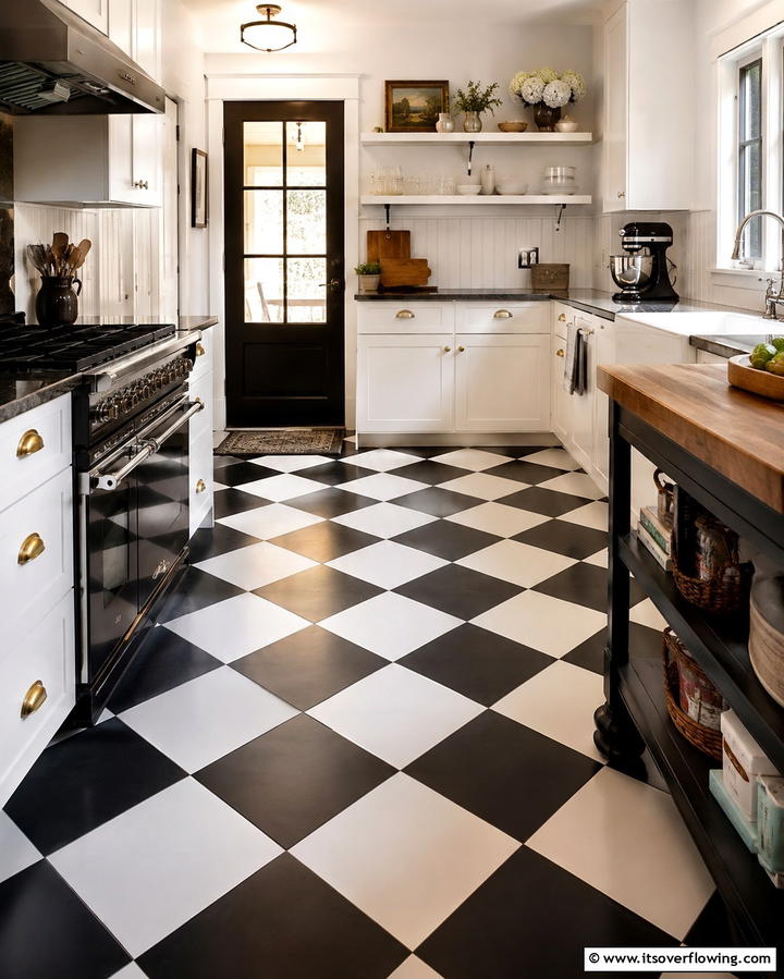 Black and White Checkered Floors - 25 Black Kitchen Floor Ideas for a Sleek and Stylish Space