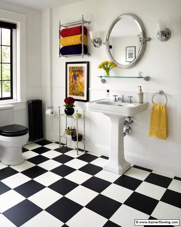 Black and White Checkered Floors with White Walls - 20 Black Floor Bathroom With White Walls Ideas for Contrast