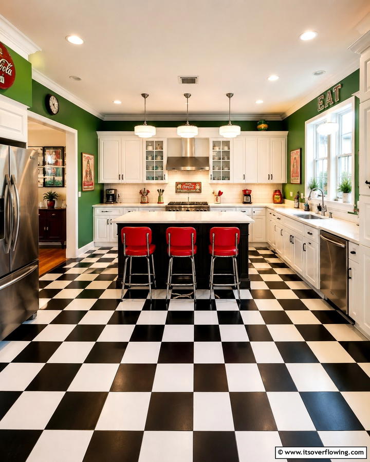 Black and White Checkered Pattern for Retro Charm - 25 Black Kitchen Floor Ideas for a Sleek and Stylish Space