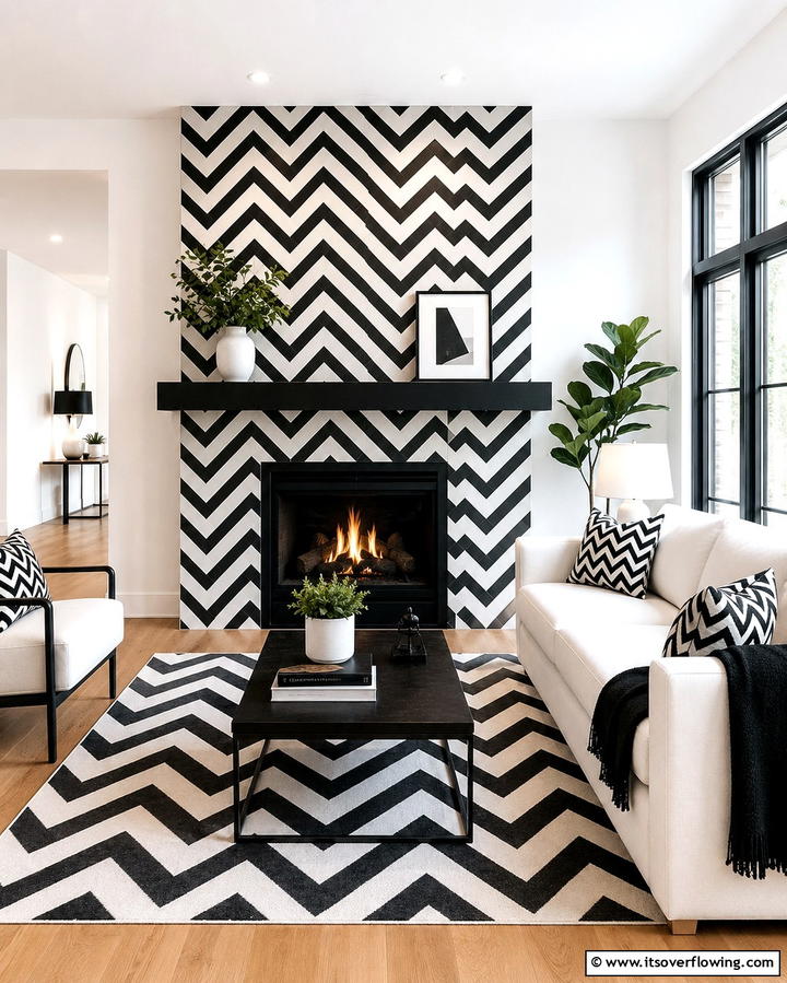 Black and White Chevron Pattern - 25 Black and White Fireplace Ideas for Timeless Elegance