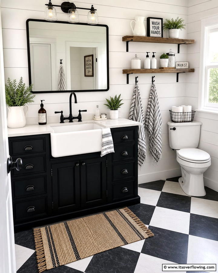 Black and White Color Palette - 25 Farmhouse Bathroom Ideas for a Rustic and Relaxing Retreat