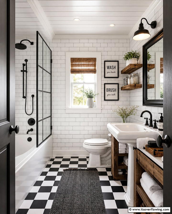 Black and White Color Scheme - 25 Farmhouse Bathroom Ideas for a Rustic and Relaxing Retreat