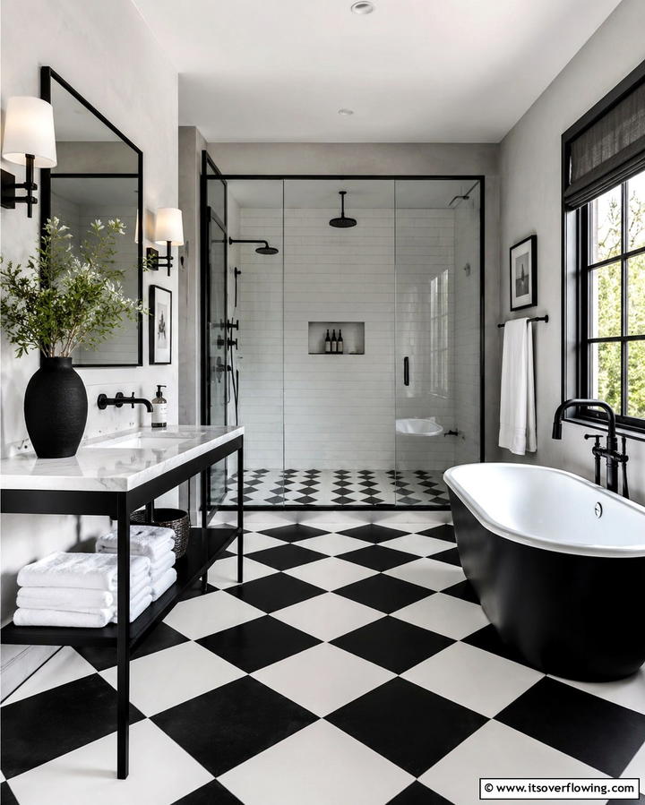 Black and White Contrast - 25 Walk-in Shower Tile Ideas for a Luxurious Bathroom