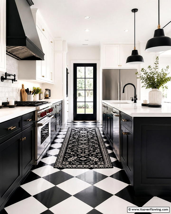 Black and White Contrast Design - 30 Sleek Black Floor Kitchen Ideas for Contemporary Designs