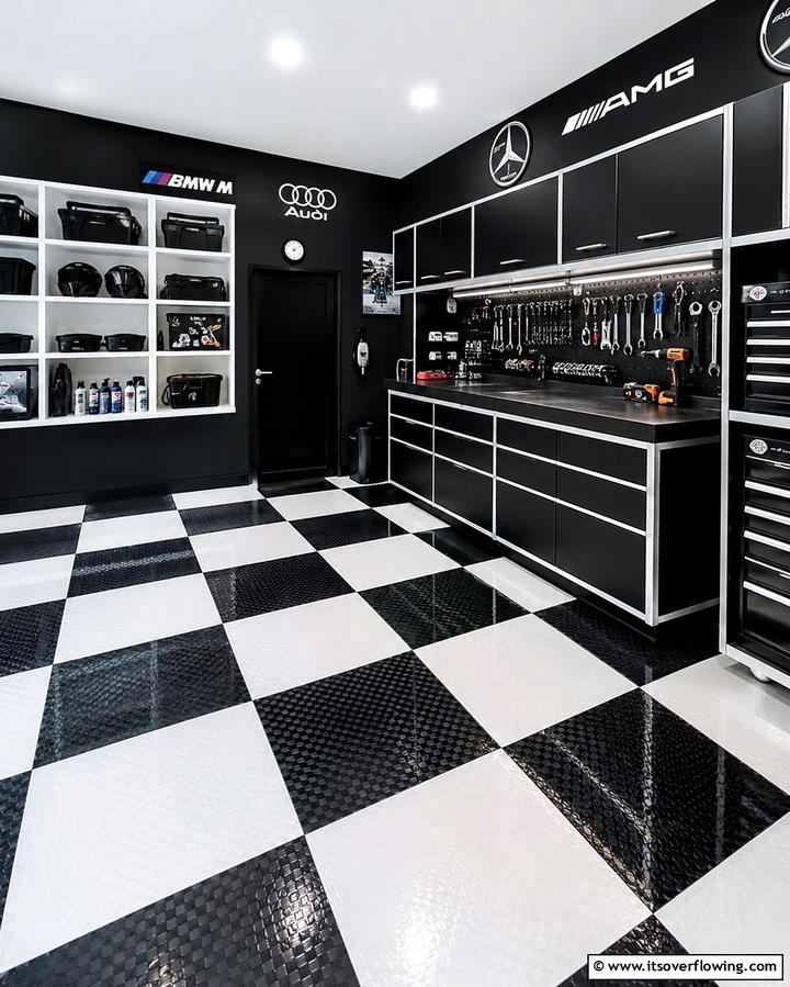 Black and White Contrast Garage Design - 25 Black Garage Ideas for a Sleek and Functional Space