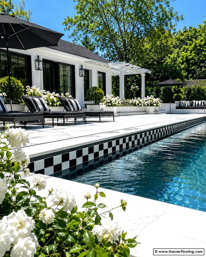 Black and White Contrast Tiles - 20 Waterline Pool Tile Ideas for a Stunning Backyard Oasis