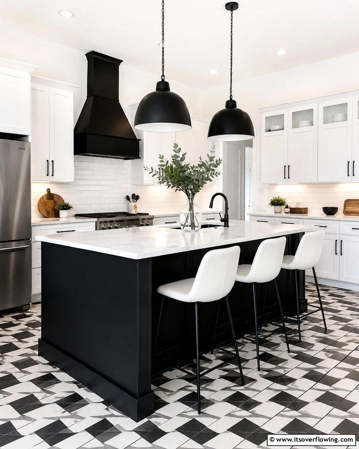 Black and White Contrast for Timeless Appeal - 25 Sleek Black Kitchen Island Ideas for a Modern Kitchen