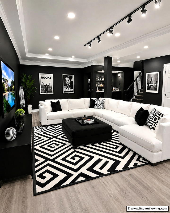 Black and White ContrastExact - 30 Black Basement Design Ideas for a Modern & Cozy Space