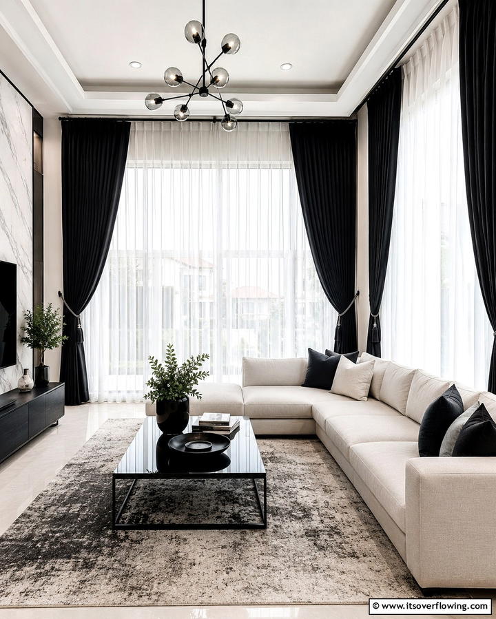 Black and White Curtain Layering - 25 Black and White Living Room Ideas for a Classic Look