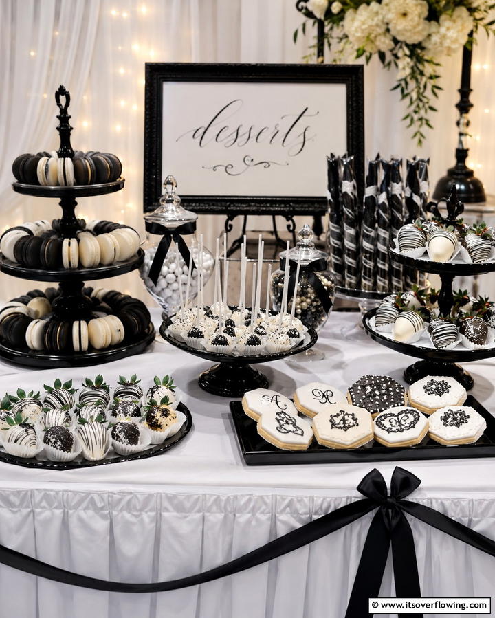 Black and White Dessert Table - 25 Black and White Wedding Ideas for Classic Elegance