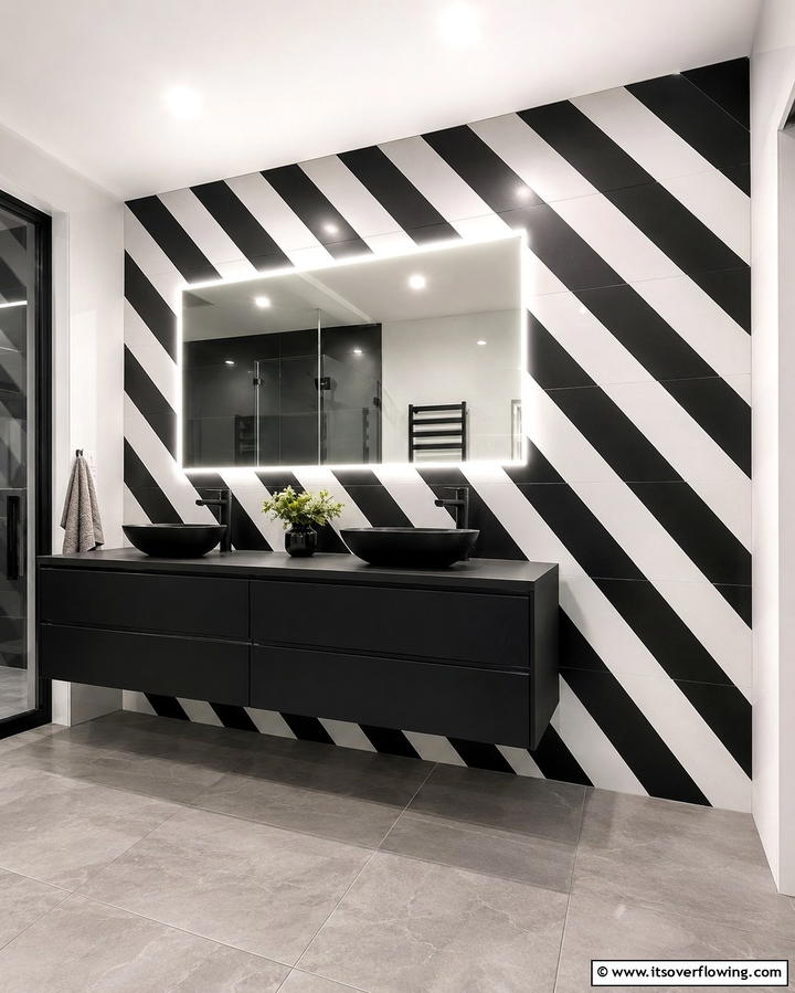 Black and White Diagonal Stripes - 30 Striking Black & White Bathroom Tile Designs for Timeless Style