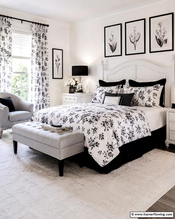 Black and White Floral Accents - 25 Black and White Bedroom Ideas for a Timeless Design