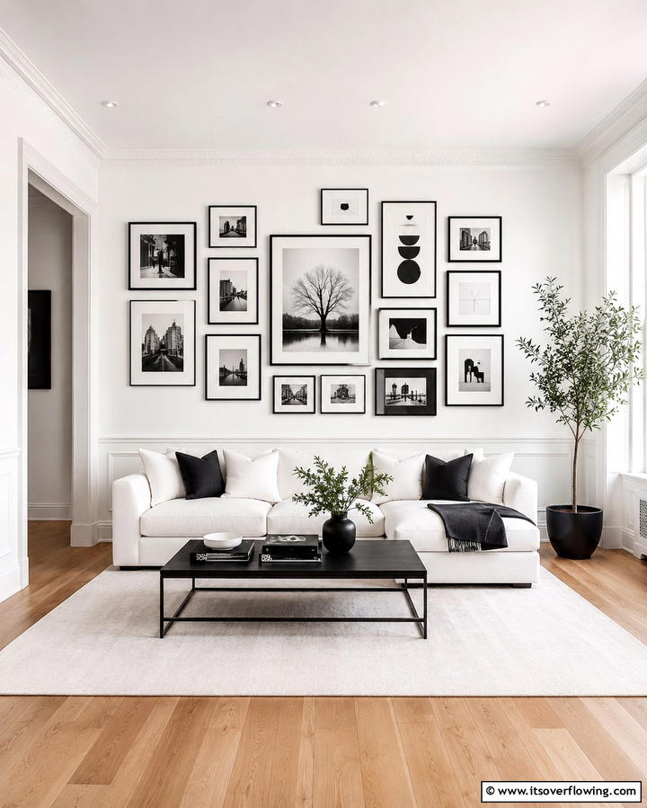 Black and White Gallery Wall - 25 Black and White Living Room Ideas for a Classic Look