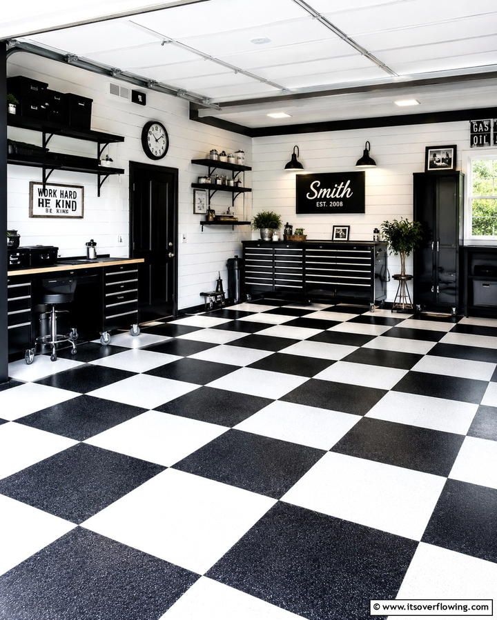 Black and White Garage Contrast - 25 Black Garage Ideas for a Sleek and Functional Space