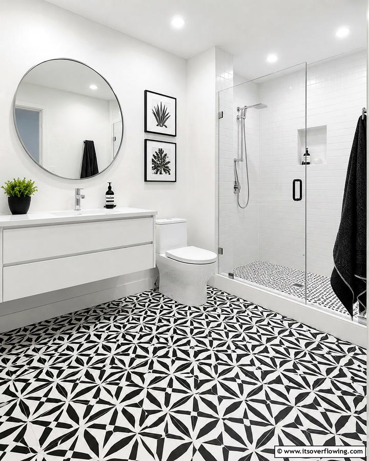 Black and White Geometric Patterns - 25 Black Floor Bathroom Ideas for a Bold Look